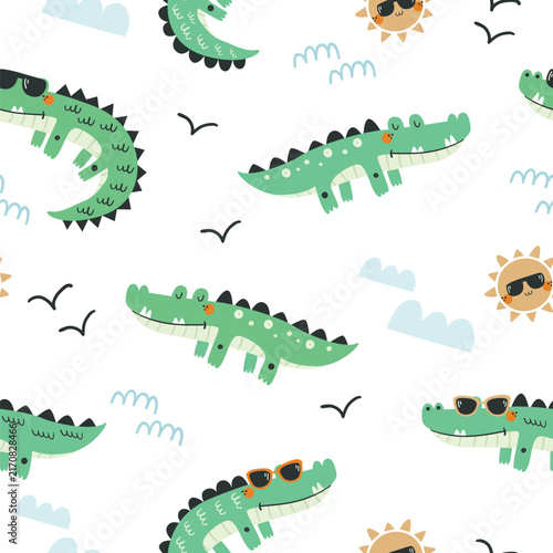 Seamless patterns featuring a fun crocodile with sunglasses and the sun on a white background.