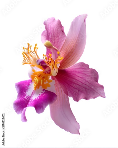 Orchid bloom in macro detail with delicate petals, floral product element isolated on white background