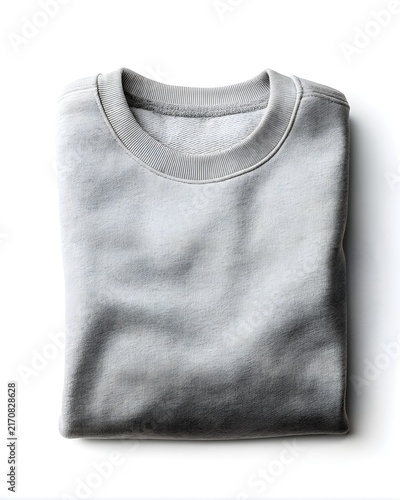 Neutral grey sweatshirt folded neatly, apparel mockup for branding isolated on white background