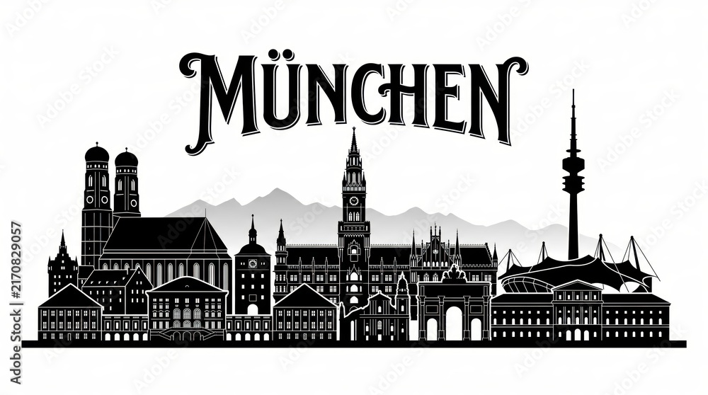 Obraz premium Extremely detailed Munich, Germany landmark-rich silhouette and refined MÜNCHEN lettering.