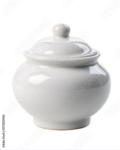 Plain ceramic sugar bowl with lid, tableware isolated on white background