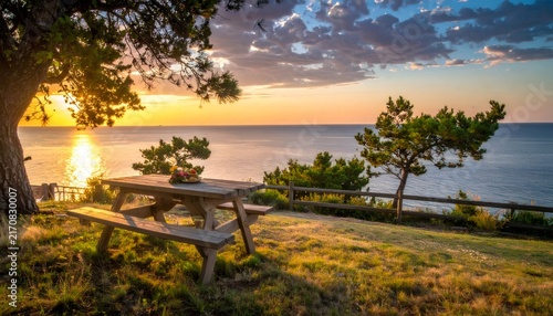 Picnic table by sea at golden sunset