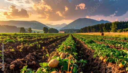 Potato field growing under sunset sky in mountains