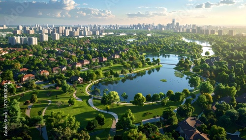 Sustainable city development featuring green parks and lakes