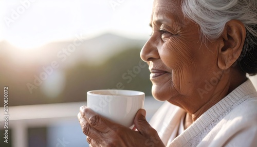 Elderly woman enjoying warm tea at sunrise on terrace