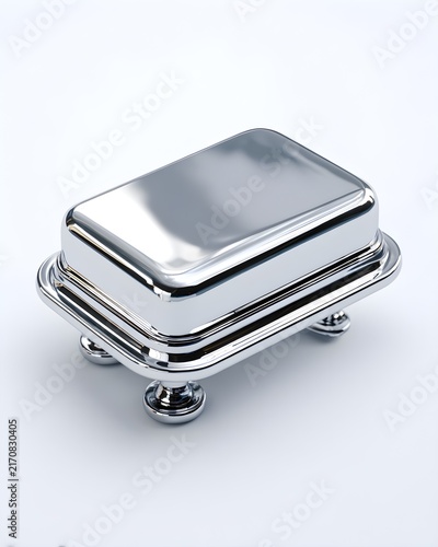 Polished chrome soap dish with reflective surface, bathroom accessory isolated on white background