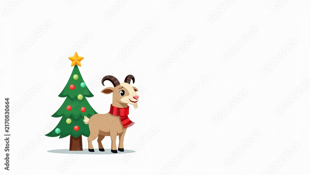 Naklejka premium Illustration of a goat wearing a Christmas scarf standing beside a decorated tree, flat cartoon style, bright cheerful palette, white background, greeting card