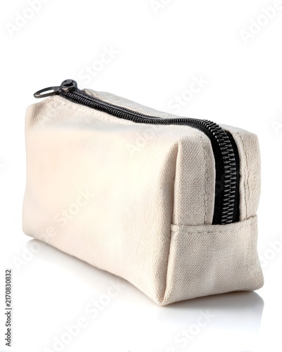 Simple canvas pencil case with zipper, school supply isolated on white background