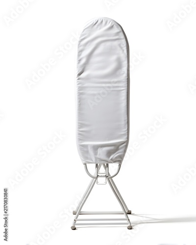 Simple foldable ironing board with fabric cover, household item isolated on white background