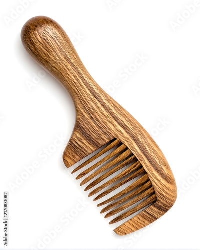Simple wooden hair pick comb showcasing natural grain texture, grooming accessory isolated on white background