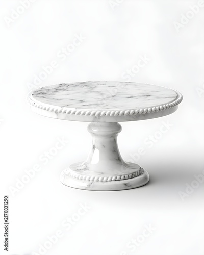 Smooth white marble cake stand with pedestal base, bakery display isolated on white background
