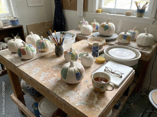 Hand painted ceramic pumpkins in an artist's pottery studio, surrounded by brushes, clay tools, sketchbook and tea, creating a cozy autumn and Halloween atmosphere.