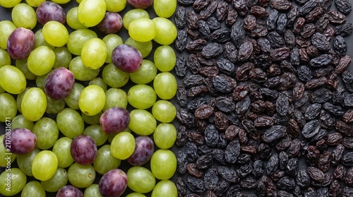 Fresh Green and Purple Grapes Compared to Dehydrated Raisins