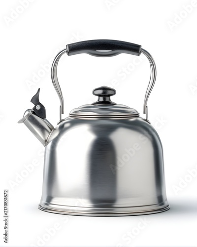 Stainless steel water kettle with ergonomic handle, kitchen appliance isolated on white background