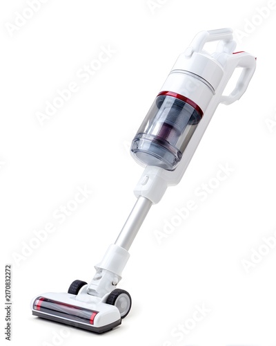 White cordless stick vacuum cleaner with transparent dustbin, modern home appliance product shot isolated on white background