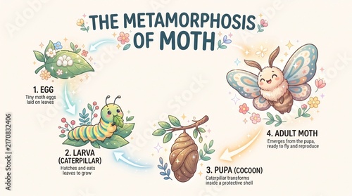 An enchanting illustrated guide detailing the complete metamorphosis of a moth, vividly showcasing its life cycle from tiny egg to a beautiful adult creature