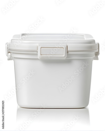 White plastic food storage container with snap-lock lid, household product isolated on white background
