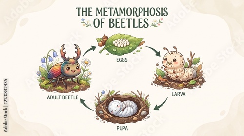 Cute educational vector illustration of a beetle life cycle showing the metamorphosis stages from eggs, larva, and pupa to adult insect