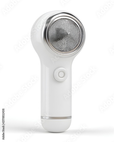 White portable electric lint remover with mesh head, fabric care device isolated on white background