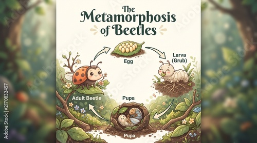 Whimsical illustration of the complete beetle life cycle, showing its metamorphosis from egg, larva, pupa, to a vibrant adult insect in a forest