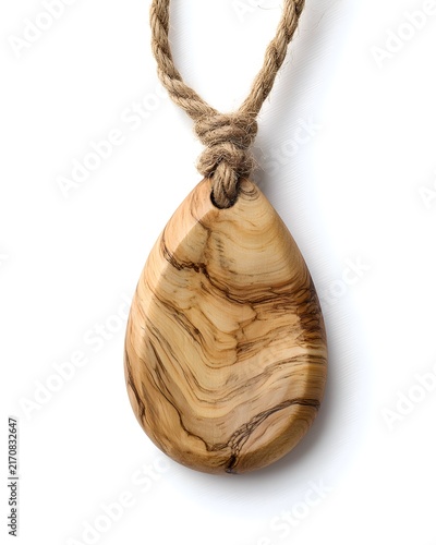Wooden pendant accessory with natural grain detail, handcrafted product styling isolated on white background