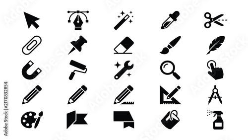 Collection of black and white icons for drawing and painting tools and office supplies