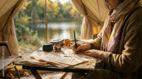 Handmade paper writing, woman in silk scarf writing gratitude lists on folding desk inside sun warmed glamping tent