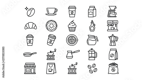 Set of coffee and bakery icons in line style  various coffee related objects