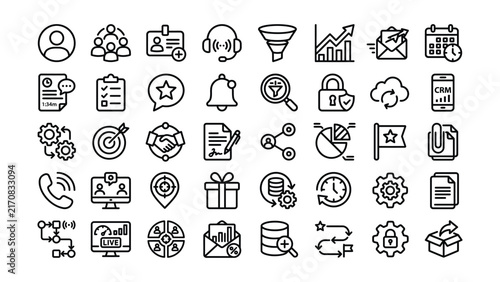 Set of business and technology related line icons and symbols on white background