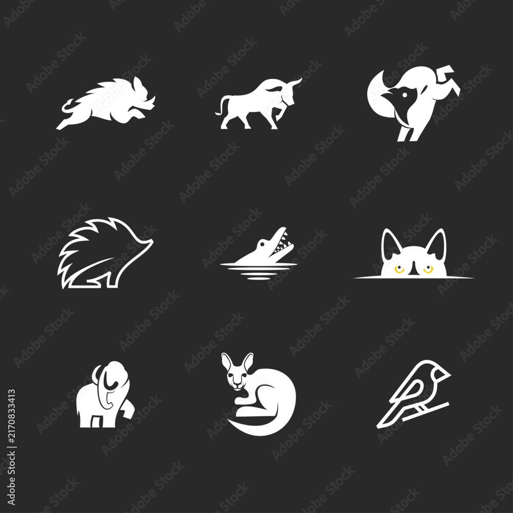 Fototapeta premium Collection of modern animal logos and minimalist icons. Features wild boar, bull, fox, hedgehog, alligator, cat, mammoth, kangaroo, and bird. Graphic design elements for various uses.