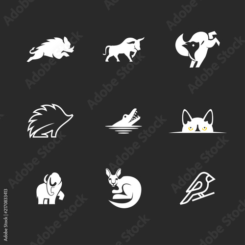 Collection of modern animal logos and minimalist icons. Features wild boar, bull, fox, hedgehog, alligator, cat, mammoth, kangaroo, and bird. Graphic design elements for various uses.