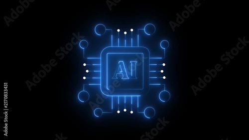 Glowing Neon AI Chip Technology Icon Animation on Black Background