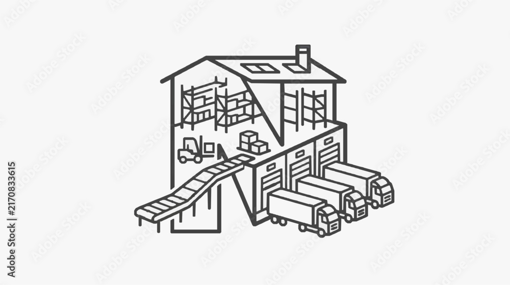 Naklejka premium Modern Warehouse and Logistics Center with Delivery Trucks and Loading Dock