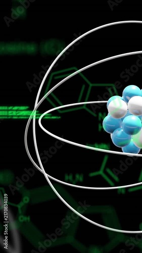 Animation of atom model spinning and data processing on black background