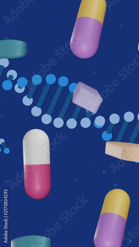 Animation of floating pills and dna strands on blue background