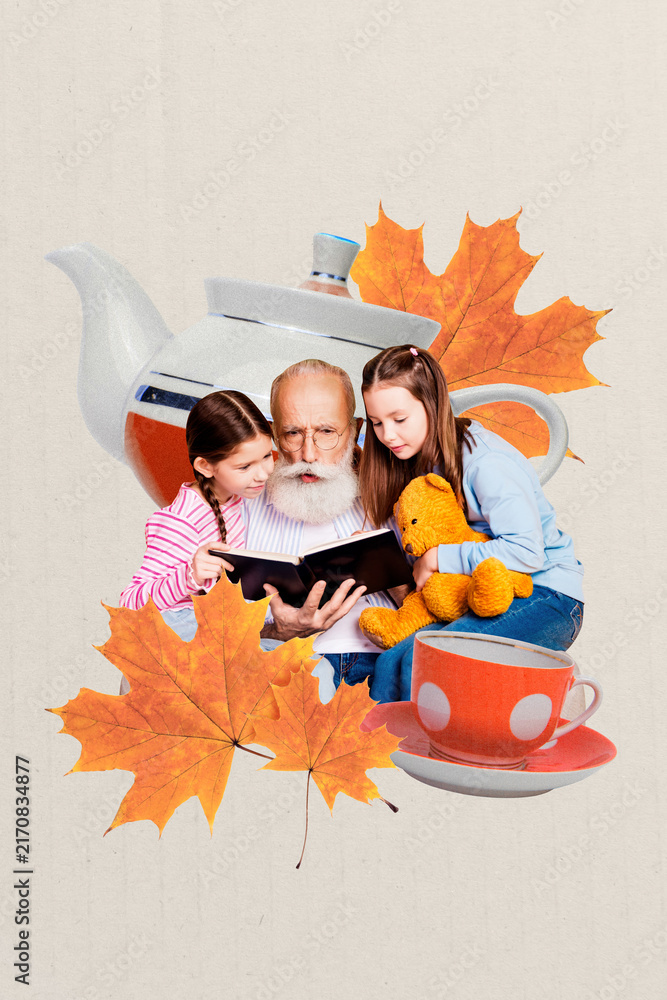 Fototapeta premium Image trendy 3d vertical artwork collage of two happy sisters granddaughter sit old man grandfather read book autumn leaves teapot