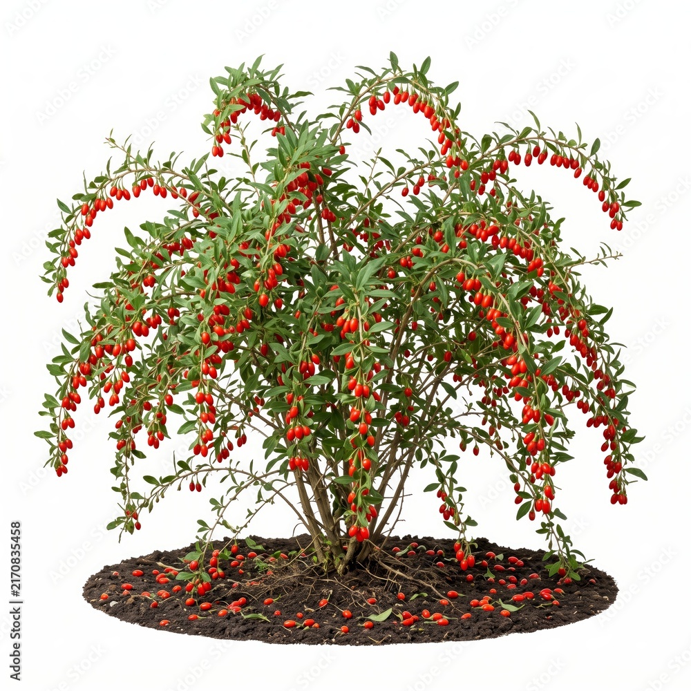 Fototapeta premium Boxthorn bush with ripe red goji berries on white background