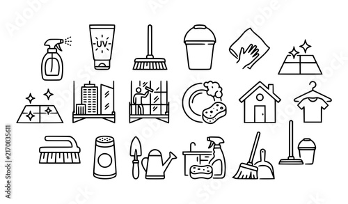 Foto Thin Line Cleaning and Household Maintenance Icon Set with Broom Bucket and Hygi