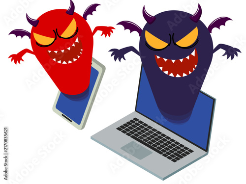 不正アクセスやフィッシング詐欺の脅威を表す悪魔キャラクターとデバイスのイラスト