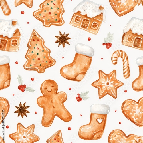 Christmas Gingerbread Cookie Pattern on White