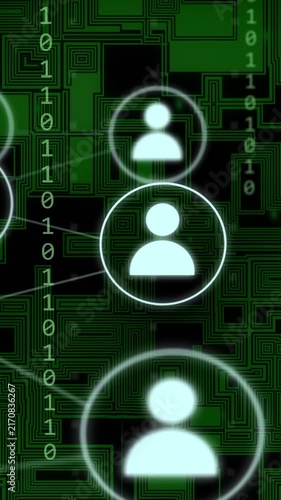 Animation of network of connections with icons over binary coding