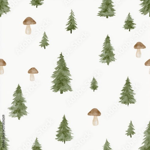 Woodland Pine Trees and Mushrooms Repeat Pattern