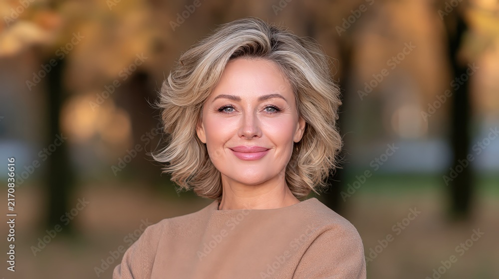 Obraz premium Smiling Woman in Autumn Park