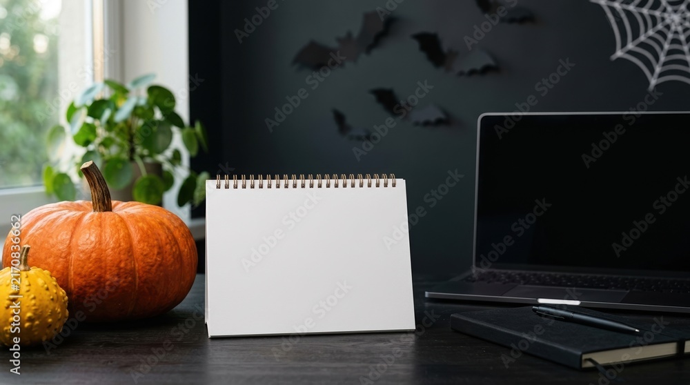 horizontal close-up of Halloween-themed workspace with blank calendar, notebook, desk, laptop and pumpkin. modern, tidy home office environment with a thematic Halloween spirit