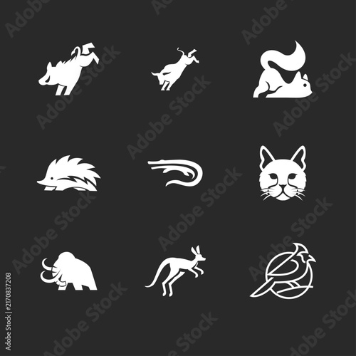 Modern Minimalist Animal Logos Collection: Wild Boar, Deer, Squirrel, Hedgehog, Crocodile, Cat, Mammoth, Kangaroo, and Cardinal Icons