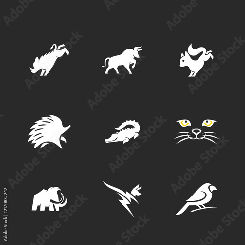 Modern Animal Logos Collection: Swan, Bull, Squirrel, Hedgehog, Crocodile, Cat, Mammoth, Fox, and Bird Icons for Branding and Design Projects