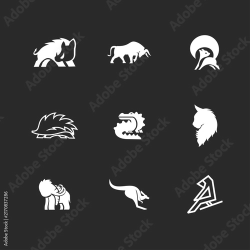 Collection of Animal Logos and Icons. Minimalist Graphic Designs Featuring Wild Animals: Boar, Bull, Squirrel, Hedgehog, Crocodile, Lynx, Mammoth, Kangaroo, and Bird Symbols.