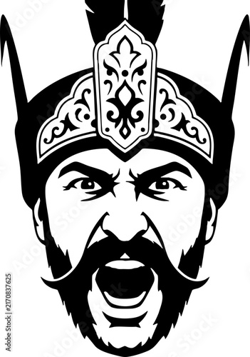 Shouting ancient warrior head illustration in black and white