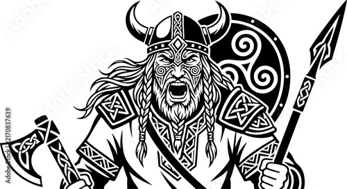 Fierce Viking Warrior Holding Axe and Spear Vector Illustration