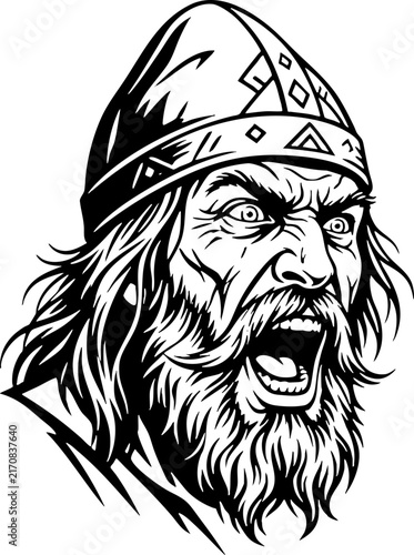 Shouting Viking warrior with beard and helmet graphic illustration